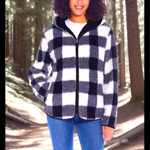 Reversible Ultra Plush Sherpa Fleece Plaid/Black Hooded Jacket/Coat Sz Large NWT